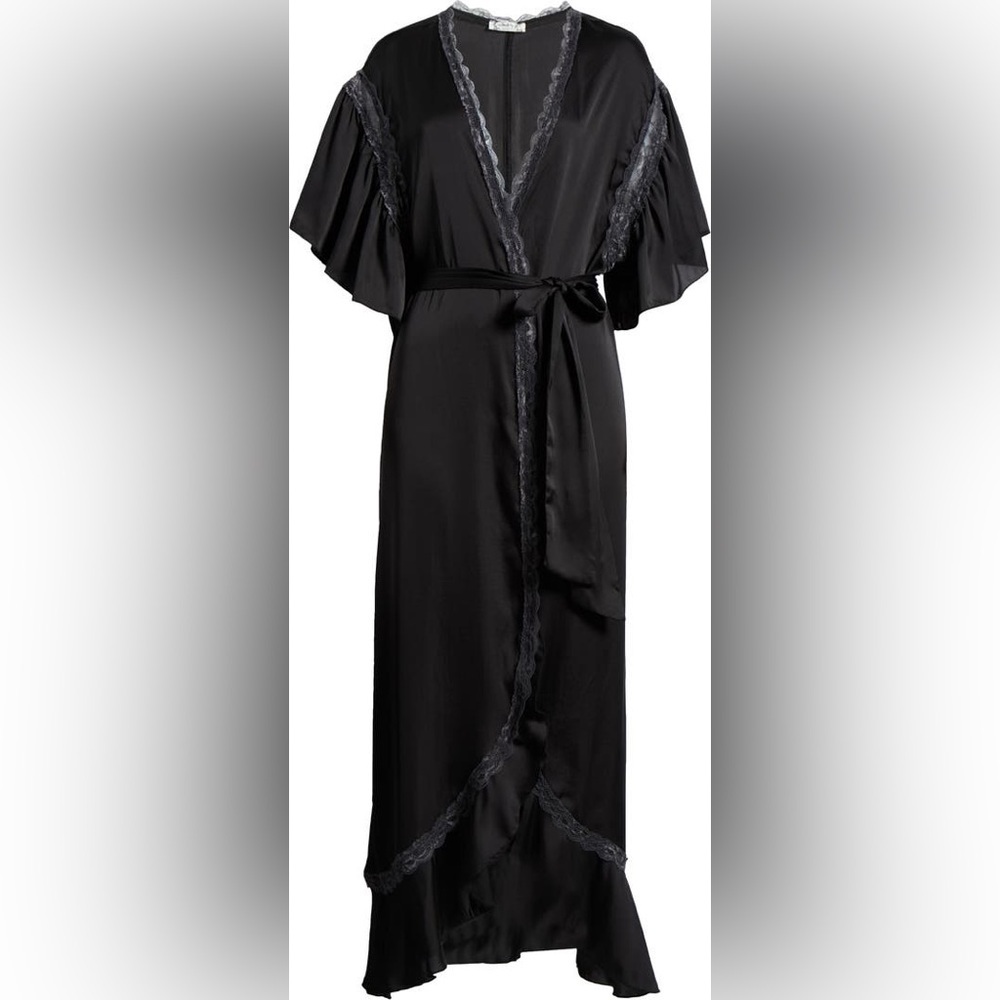 Free People Moonbeams Lace Trim Robe in Black NWT